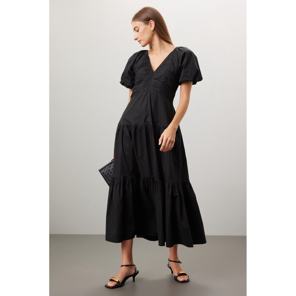 Club Monaco Floral Puff Sleeve Midi Dress Cotton  V Neck Black Size 2